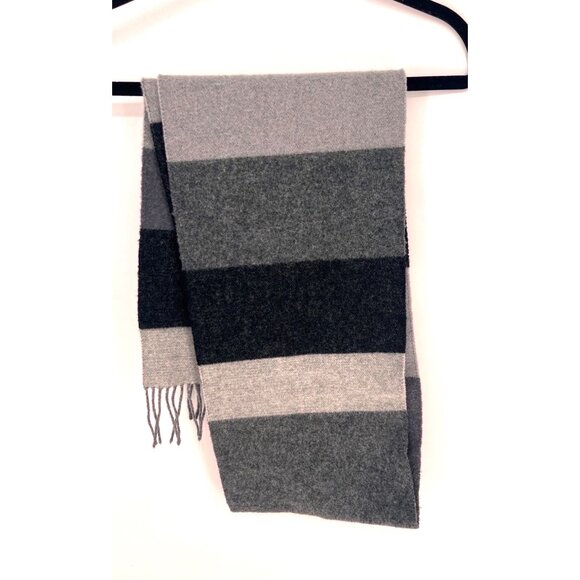 Express Merino Wool Cashmere Blend Scarf Black Grey Colorblock Fringe - Picture 4 of 4